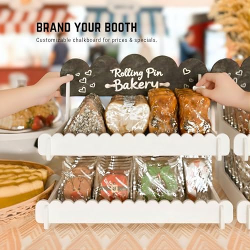 HOTCAN Wooden Cookie Display Stand with Chalkboard Sign for Bakers, Vendors, Craft Fairs | Pastry Display for Market Booths & Events | 2 Tiered Cookie Display for Muffins, Cakes, and Pastries (White)
