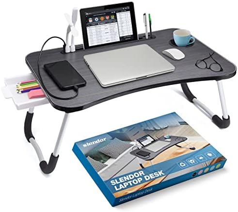 Slendor Bed Desk for Laptop and Writing with Storage, Cup Holder, Light