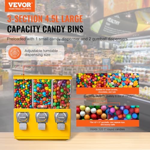 VEVOR Commercial Vending Machine, Triple Compartment Candy Dispenser with Iron Stand, Gumball and Candy Machine for Business, Coin Operated Gumball Bank for Toy Capsules Bouncy Balls Candy Nut, Yellow