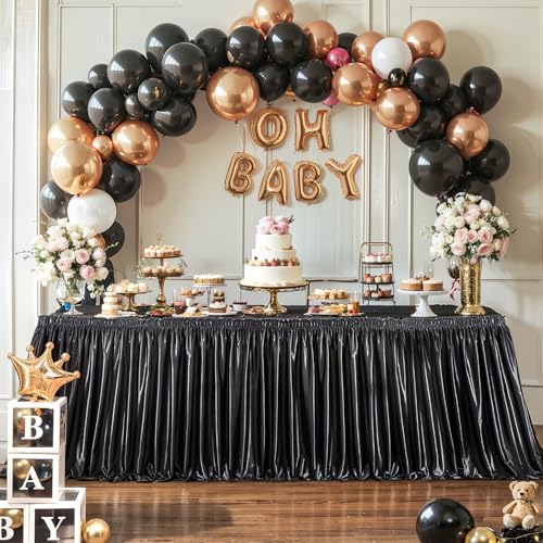 Wish Care 9ft Black Satin Table Skirt for Rectangle Tables Wrinkle Free Teacher Desk Skirt Glitter Ruffle Table Skirting Cloth for Back to School Classroom Office Dorm Birthday Party Table Decor
