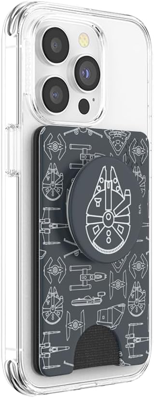 PopSockets Adhesive Phone Wallet with Grip- Millennium Falcon | PopWallet, Holds 3-5 Cards, Swappable Top, Kickstand, Star Wars, Grogu, Men, Boys