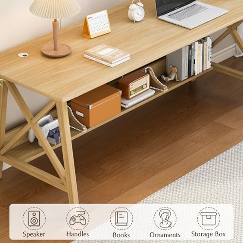 NELYE Extra Long Writing Desk with Bookshelf, 63" Wx20 Dx30 H, Oak