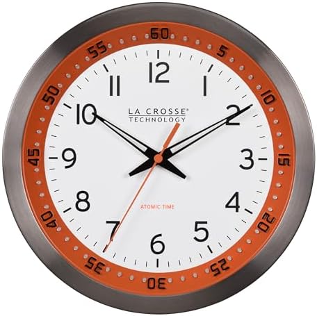 La Crosse Technology 404-87696-INT 10 inch Orange Chapter Ring Stainless Steel Atomic Analog Wall Clock