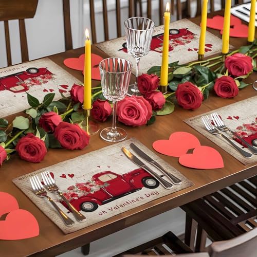Valentines Day Placemats Set of 6, Red Truckload of Love Rustic Farmhouse Cotton Line Fabric Heat Resistant Table Mats Non-Slip Washable Mats Decoration for Home Kitchen Dining Wedding Holiday Party