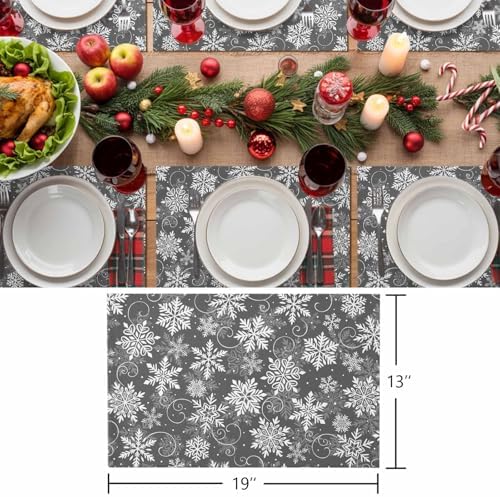 Christmas Placemats Set of 6, Grey White Snowflakes Pattern Heat Resistant Washable Table Place Mats Winter Cotton Table Linens Party Holiday Decor for Kitchen Dining Outdoor Indoor