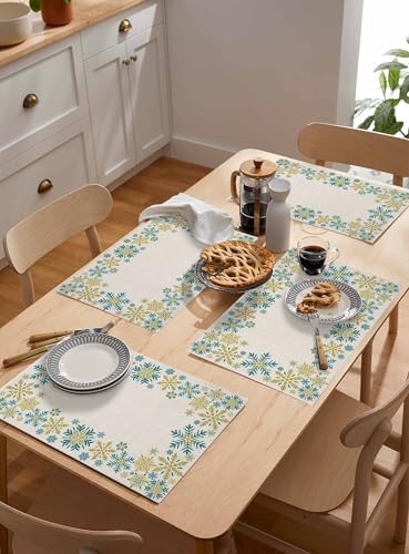 Gold Blue Snowflakes Christmas Placemat 1PC, Winter Xmas Holiday Heat Resistant Washable Table Place Mats Beige Cotton Table Linens Party Holiday Decor for Kitchen Dining Outdoor Indoor