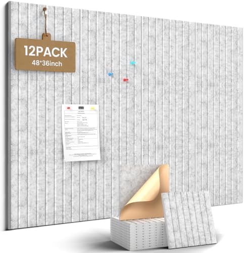 JBER Large Cork Board Alternative 48" x 36" - 12 Pack Self-Adhesive Felt Bulletin Board Tiles, Pin Board Vision Board for Walls, Office & Home Decor(Silver Gray)