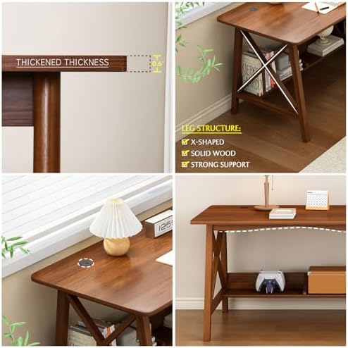 NELYE Extra Long Writing Desk with Bookshelf, 63" Wx24 Dx30 H, Oak