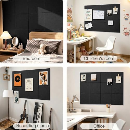 Felt Wall Tiles Bulletin Board Large Cork Board Alternative 12 Pack 11.81”x11.81”x0.47” Felt Pin Board Tack Board with Safe Removable Adhesive Tabs for Home Office School 48x36(Black)