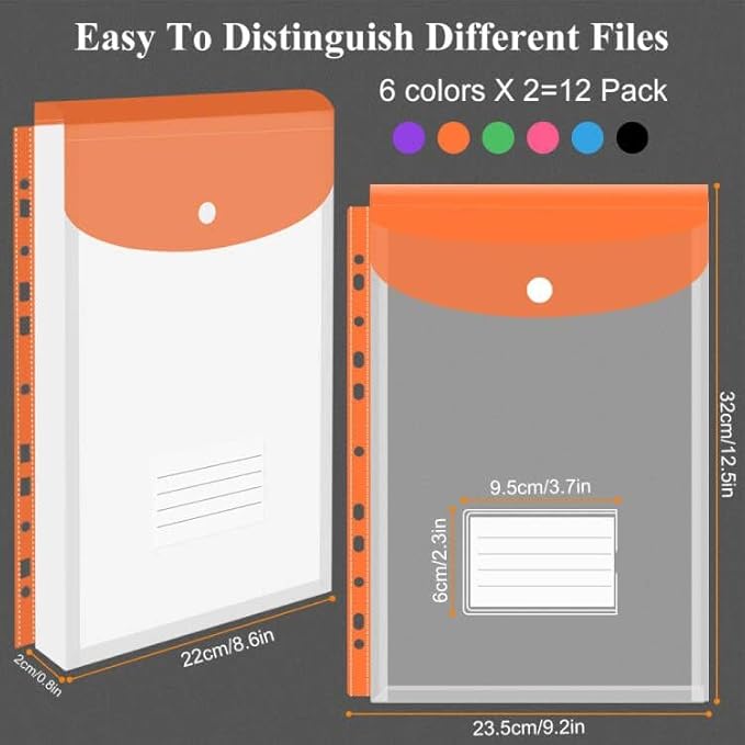 12 Pack Plastic Envelopes Binder Pocket 11 Holes Expandable Binder Folders for 2/3/4 Ring Document Pouch with Snap Button & Label Loose-Leaf Transparent for School Home Office (Vertical-Opening)