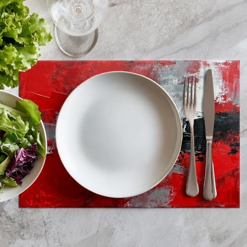 Batmerry Abstract Oil Painting Linen Placemats Set of 8, Art Red Grey Scarlet Modern Artwork Washable Table Mats for Kitchen Table Thickened Heat Insulation Dining Set Indoor Outdoor 12X18 in