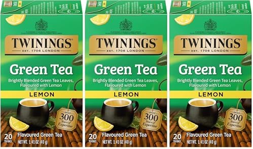 Twinings Green Tea with Lemon - Flavorful Green Tea with Lemon Pieces, Caffeinated Tea Bags Individually Wrapped, 20 Count (Pack of 3)