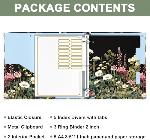 Rouidr 3 Ring Binder, 2 Inch Round Ring Binder Organizer with Clipboard, 5 Dividers Tabs, A4 8.5 x 11 Inch Paper & Clear Sleeves for School, Office Supplies