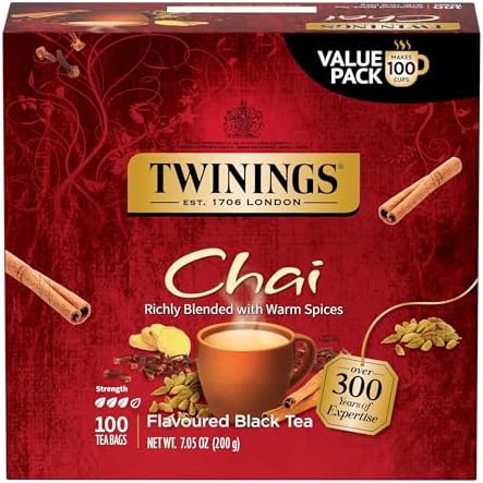 Twinings Chai Black Tea Individually Wrapped Bags, 100 Count (Pack of 1), Richly Blended with Warm Spices, Caffeinated, Enjoy Hot or Iced, 100 Teabags