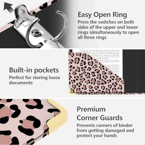 2 Inch 3 Ring Binder, Round Ring Binder with 6 Tab Dividers, 2 Interior Pockets, Cute Binders Clipboard with Storage for Letter-Size, Folders Organizer for School Office, Portfolio (Cheetah Spots)