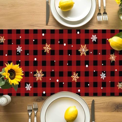 Black Santa Claus Table Runner Dresser Scarf 13 x 72 Inch Merry Christmas Snowflake Red Black Plaid Table Runners Non-Slip Heat Resistant Kitchen Dining Table Decor for Home Holidays Indoor Outdoor