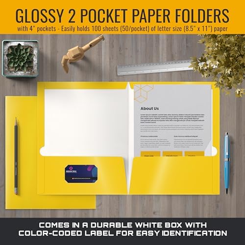 Better Office Products 2 Pocket Glossy Laminated Yellow Paper Folders, Letter Size, 25-Pack, Yellow Paper Portfolios, Box of 25