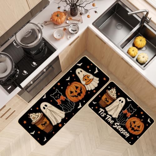 Baccessor Halloween Ghost Kitchen Rugs Set of 2,Tis The Season Spooky Pumpkin Black Cat Mat Rug Indoor Outdoor Low-Profile Non Slip Absorbent Floor Mats for Home Holiday Decor 17x29 and 17x47 Inch