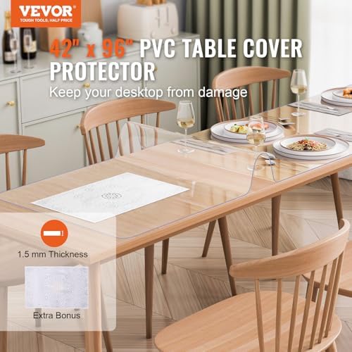 VEVOR Plastic Table Cover, 42 x 96 Inch 1.5 mm Thick Clear Rectangle PVC Desk Mat Protector, Waterproof & Easy Cleaning Desk Pad Tablecloth, for Office Dresser, Dining Room, Night Stand