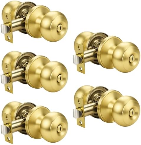 KNOBWELL 5 Pack Privacy Door Knob for Bathroom or Bedroom Door Knobs, Round Interior Door Knobs,Gold Indoor Door Knob, Keyless Door Knob with Lock, Door Handle Lock, Gold