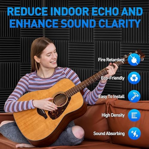 Focusound 120 Pack Acoustic Foam Panels 1" x 12" x 12" Sound Proof Foam Panels Soundproofing Noise Cancelling Wedge Panels for Home Office Recoding Studio with 600 PCS Double-Side Adhesive