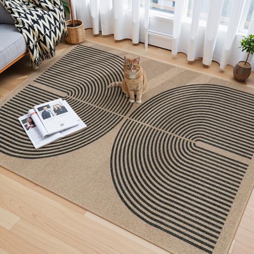 Lahome Modern Rainbow Easy Jute Outdoor Rug 4x6, Neutral Brown Office Rug
