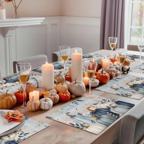 Fall Thanksgiving Placemats Set of 4, Teal Blue White Pumpkin Heat Resistant Washable Dining Table Mats Fall Holiday Farmhouse Decor for Kitchen&Linens Outdoor Indoor, Harvest Autumn Leaves