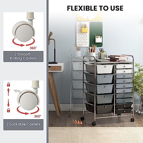 COSTWAY 15 Drawer Rolling Storage Cart, Mobile Utility Cart with Lockable Wheels, Drawers, Multipurpose Organizer Cart for Home, Office, School, Gradient Black
