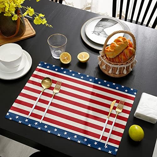 July 4th Placemats Set of 6-Patriotic Stripes and Stars Heat Resistant Placemat Washable Cotton Linen Table Mats Memorial Day Independence Day Party Summer Holiday Decorations for Kitchen Dining Table