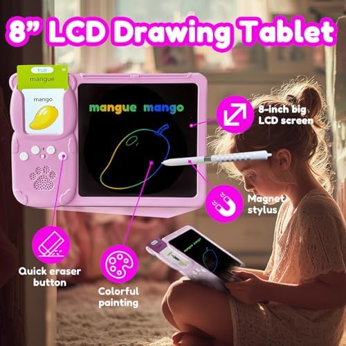 Writing Tablet with Bilingual Flash Cards for Kids, French, Pink
