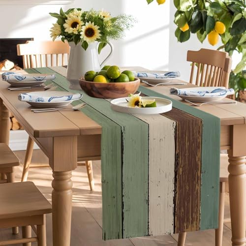 Green Brown Wood Grain Table Runner Dresser Scarf 13 x 120 Inch Vintage Mottled Board Striped Farm Table Runners Non-Slip Heat Resistant Kitchen Dining Table Decor for Home Holidays Indoor Outdoor