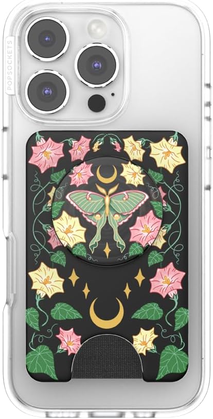 PopSockets Phone Wallet for MagSafe with Grip- Moon Flower | PopWallet, Holds 3 Cards, Magnetic, Removable, Secure, Moon, Star, Sun, Space, Kindle, Paperwhite, Magnetic