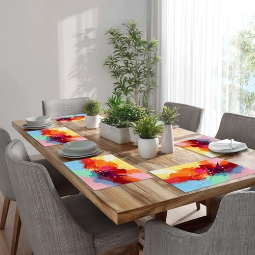 Batmerry Yellow Abstract Oil Painting Linen Placemats Set of 8, Red Contemporary Floral Washable Table Mats for Kitchen Table Thickened Heat Insulation Dining Set Indoor Outdoor 12X18 in