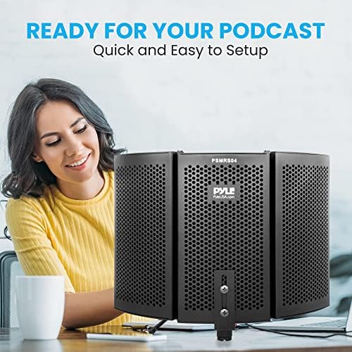 PyleUsa Microphone Isolation Shield- 3 Panel Noise Absorbing Record Booth Studio Acoustic Vocal Dampening Filter w/ 1.6"Thick Foam, Adjustable Mic Depth, Removable Shock Mount, Universal ⅝" Threading