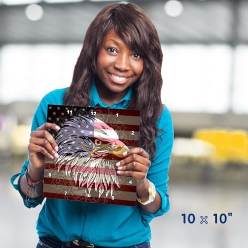 3dRose Wall Clock Silent - 15 inch - Ornate Patriotic Bald Eagle and USA American Flag Pride Great for Fourth of July Independence Day - Patriotic Designs