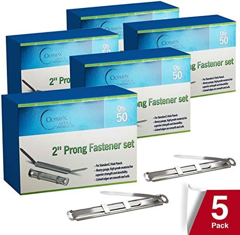 Prong Paper Fasteners 2" Capacity, 250 Complete Sets, Heavy Duty Steel with Compressor, Standard 2-Hole Punch, 2.75" Base for File Folders, Folder Clips, 5 Boxes (50 Each), Made in USA - OLYMPX