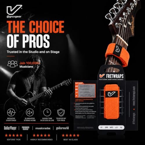 Gruv Gear Fret Wrap & Guitar Mute, Fretwrap for Acoustic, Electric & Bass | String Dampener Recording, Tapping & Practice Accessory (1 Pack, Large Orange, Fits 6 String Bass, 8 String Guitar)