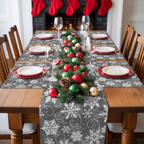 Christmas Placemats Set of 6, Grey White Snowflakes Pattern Heat Resistant Washable Table Place Mats Winter Cotton Table Linens Party Holiday Decor for Kitchen Dining Outdoor Indoor
