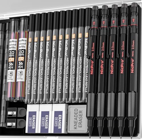 Nicpro 2mm Metal Mechanical Pencils Set with Case, 5 Pack Black