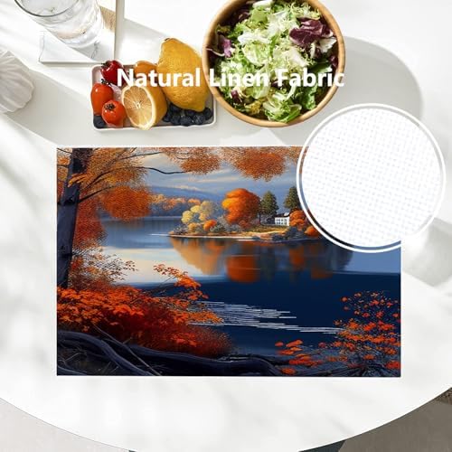 Batmerry Autumn Maple Forest Linen Placemats Set of 4, Lakes Islands Houses Paintings Landscapes Washable Table Mats for Kitchen Table Thickened Heat Insulation Dining Set Indoor Outdoor 12X18 in