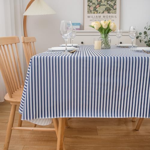 LIBERECOO 60" Square Vinyl Tablecloth with Flannel Backing, Blue Stripe Stain-Resistant Tablecloths Waterproof Oil-Proof Wipeable Table Cover for Indoor/Outdoor Picnic, BBQ