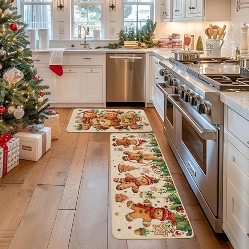 Baccessor Christmas Gingerbread Kitchen Rugs Set of 2,Merry Christmas Xmas Winter Kitchen Mats Washable Non Slip for Floor Hallway Laundry Sink Holiday Home Decor 17x29 and 17x47 Inch
