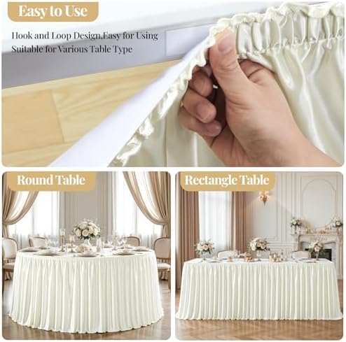 Wish Care 21ft Ivory Satin Long Table Skirt for Rectangle Tables Wrinkle Free Teacher Desk Skirt Glitter Ruffle Table Skirting Cloth for Back to School Classroom Office Birthday Party Table Decor