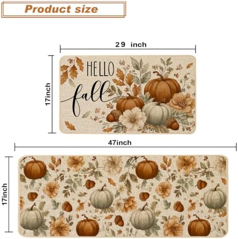Baccessor Fall Floral Pumpkin Kitchen Rugs Set of 2,Thanksgiving Day Autumn Acorn Farmhouse Mats Washable Non Slip Low-Profile Indoor Floor Holiday Hallway Laundry Sink Decor 17x29 and 17x47 Inch