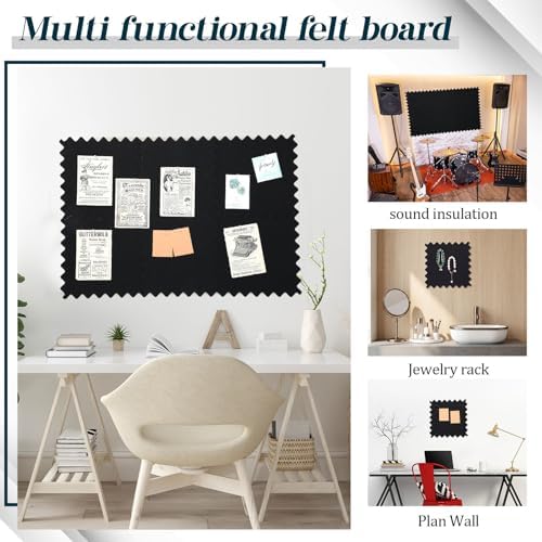 Wave Shaped Large Cork Board for Wall 36" x 24" Black Bulletin Board 6 Pack Felt Wall Tiles Self-Adhesive Removable Soft Wooden Boards for Home Office