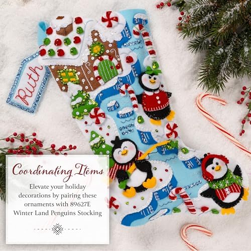 Bucilla Felt Applique 6 Piece Ornament Making Kit, Winter Land Penguins, Perfect for DIY Arts and Crafts, 89668E