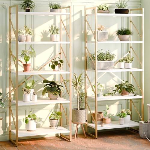 Shintenchi 5 Tiers Bookshelf, Classically Tall Bookcase Shelf,Industrial Book Rack,Modern Book Holder in Bedroom/Living Room/Home/Office, Storage Rack Shelves for Books/Movies,Gold