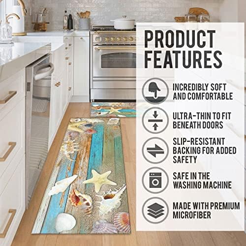 Beach and Nautical Kitchen Rugs for Floor 2 Piece Set, Wood Grain Ocean Coastal Beach Kitchen Rug, Nautical Kitchen Mat in Front of Sink for Standing for Kitchen Decor 17"X30"+17"X47"