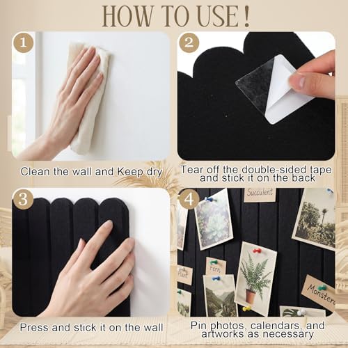 Yookeer Large Scalloped Felt Bulletin Board 36'' x 24'' Cork Board Alternative for Office Wall Decor 6 Pack with 25 Safe Removable Adhesive Tabs Push Pin, Felt Pin Boards for Home Office(Black)