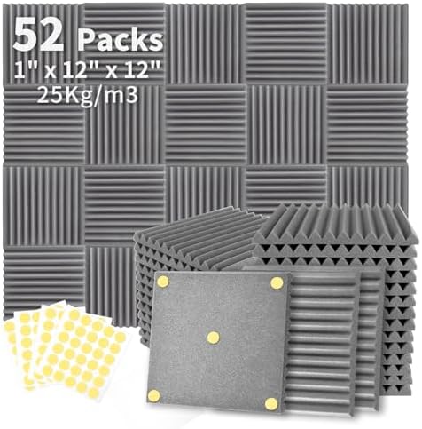 Focusound 52 Pack Grey Acoustic Foam Panels 1" x 12" x 12" Sound Proof Foam Panles Soundproofing Noise Cancelling Wedge Panels for Home Office Recoding Studio with 300PCS Double-Side Adhesive